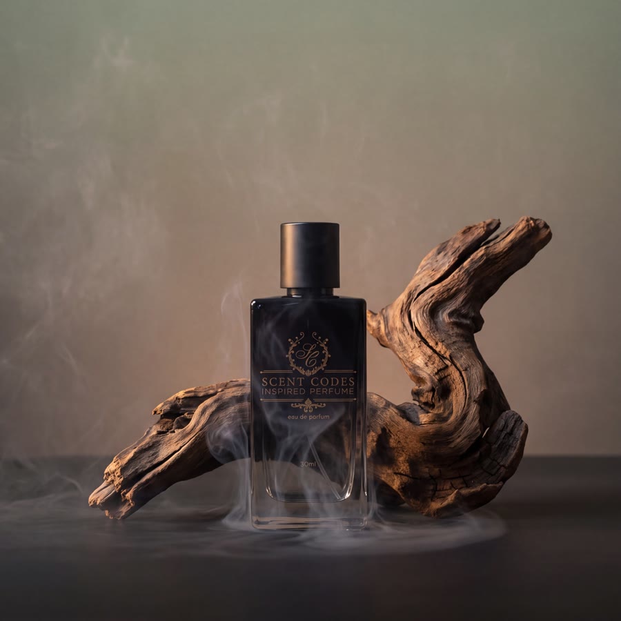 Scent Codes Oud Wood bottle on driftwood in smoke